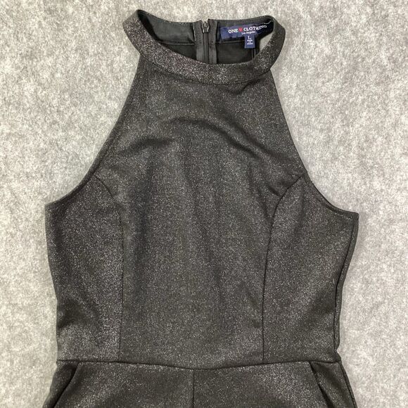 One Clothing Shimmer Sparkle Black Short Sleeveless Halter Romper Pockets Size L - Picture 7 of 14